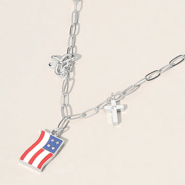 Madeline Love Multi, Rhodium Enamel American USA Flag Metal Cross Bow Charm Station Paperclip Chain Necklace - Necklaces