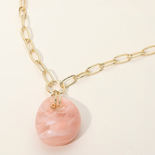 Chunky Marbled Resin Pendant Paperclip Chain Necklace - Gold, Light, Pink