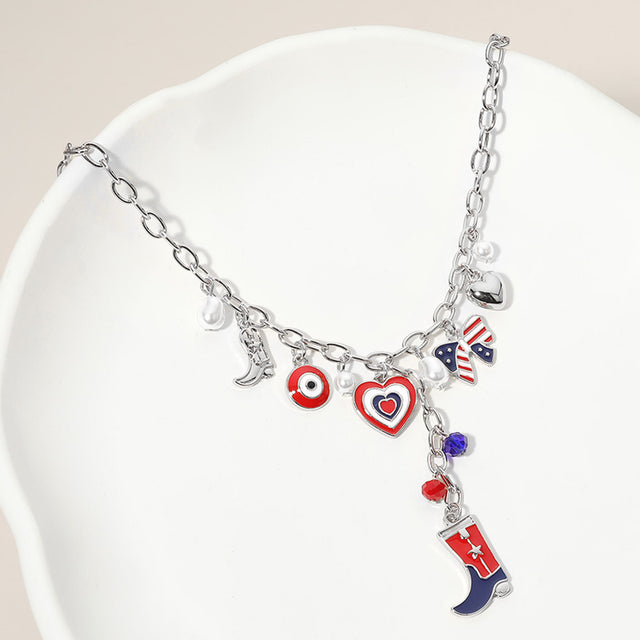 Madeline Love Multi, Rhodium Enamel American USA Flag Western Cowboy Boot Bow Heart Pearl Charm Station Necklace - Necklaces