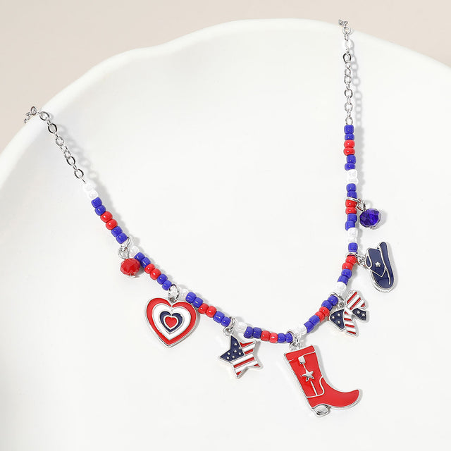 Madeline Love Multi, Rhodium Enamel American USA Flag Western Boot Hat Bow Star Heart Charm Beaded Necklace - Necklaces