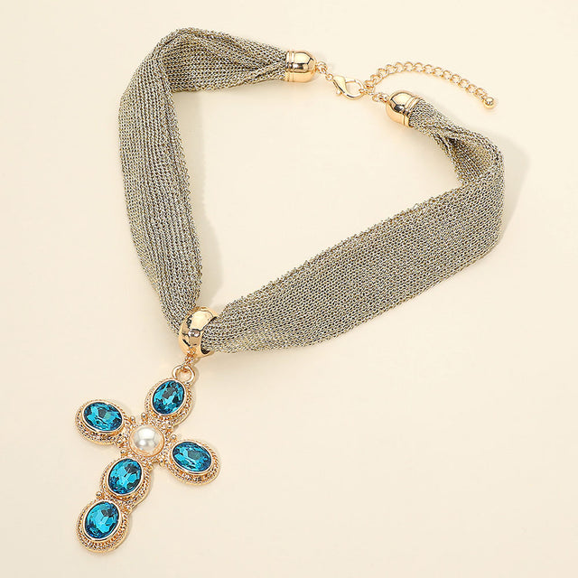 Madeline Love Gold, Turquoise Pearl Center Oval Stone Embellished Cross Pendant Accent Mesh Chain Statement Necklace