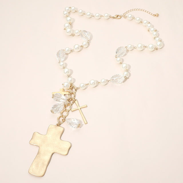 Madeline Love Cream, Worn Gold Bold Cross Charm Accent Pearl Oval Faceted Link Chain Statement Necklace