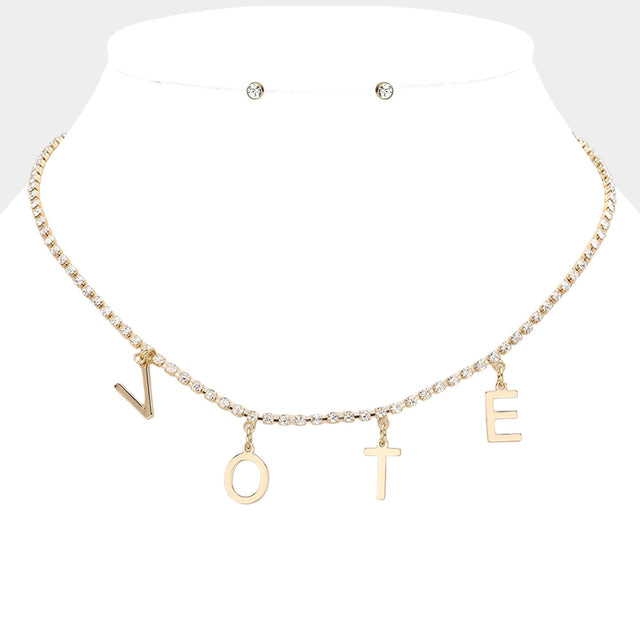 Madeline Love Clear, Gold Metal VOTE Initial Message Station Rhinestone Chain Necklace - Necklaces