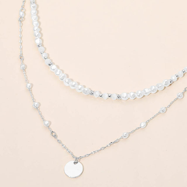 Madeline Love Cream, Rhodium Metal Disc Pendant Pearl Beaded Layered Chain Necklace
