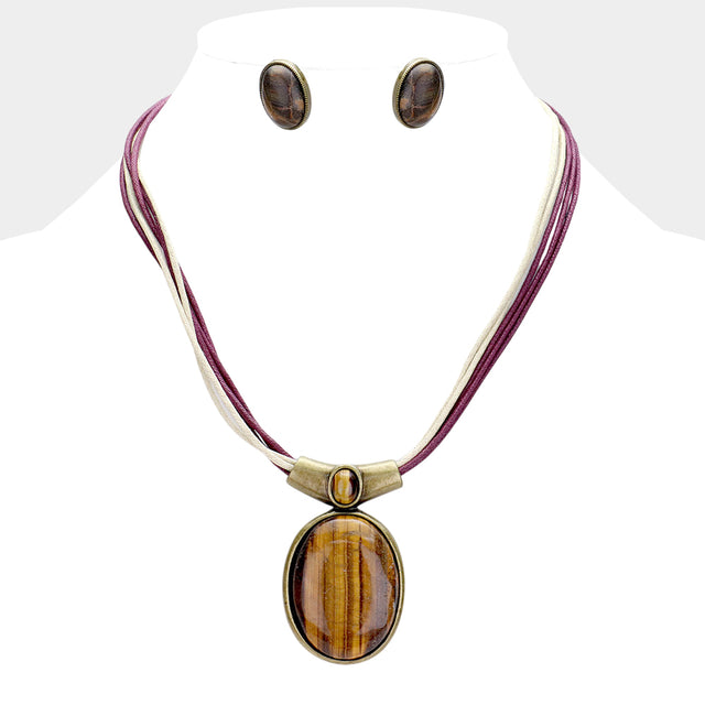 Madeline Love Brown, Burgundy, Gold Burnished Oval Natural Stone Pendant Necklace - Necklaces