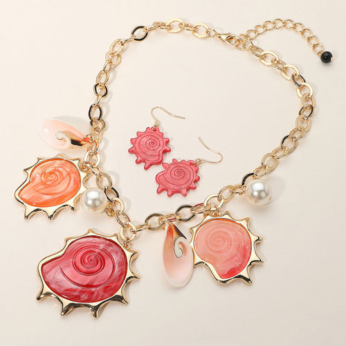 Resin Shell Pearl Charm Station Statement Necklace - Coral