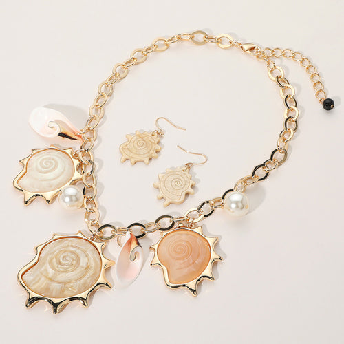 Resin Shell Pearl Charm Station Statement Necklace - Neutral