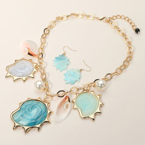 Collar llamativo con dije de perla y concha de resina - Turquesa