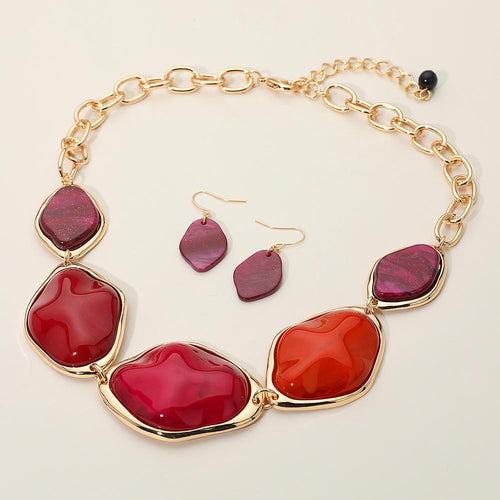 Chunky Bold Resin Pebble Plate Link Statement Necklace - Fuchsia