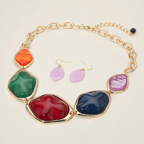 Chunky Bold Resin Pebble Plate Link Statement Necklace - Multi