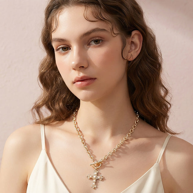 Madeline Love Cream, Worn Gold Pearl Ornate Cross Charm Pendant Toggle Necklace