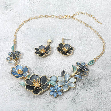 Madeline Love Blue, Gold Floral Link Statement Necklace - Necklaces
