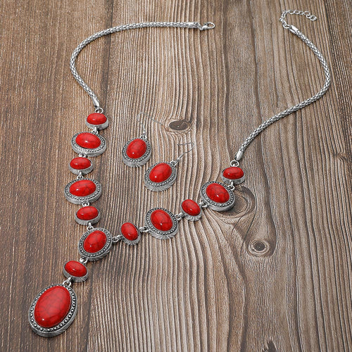 Bold Vintage Boho Oval Stone Link Cascading Statement Necklace - Red