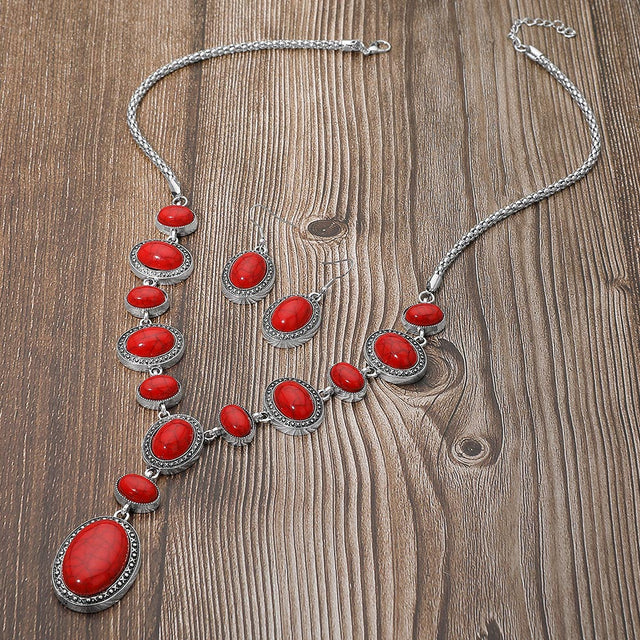 Madeline Love Red Bold Vintage Boho Oval Stone Link Cascading Statement Necklace - Necklaces