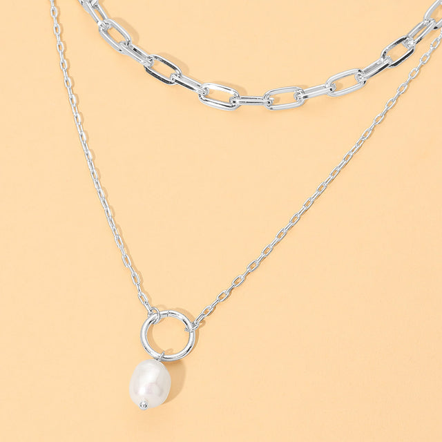 Madeline Love Cream, Rhodium Pearl Pendant Drop Accent Layered Chain Necklace