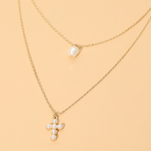 Madeline Love Cream, Gold Pearl Cross Charm Pendant Accent Layered Necklace