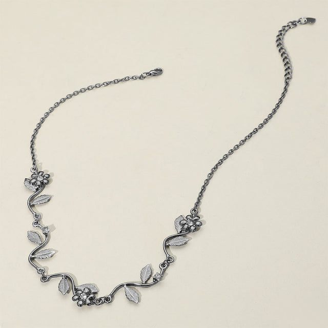 Madeline Love Clear, Hematite Rhinestone Flower Leaf Metal Necklace