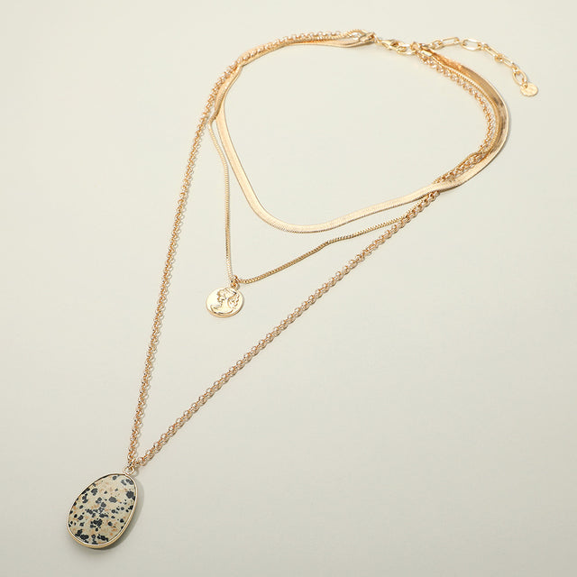 Madeline Love Black, Gold, White Stone Pendant Triple Layered Chain Necklace - Necklaces