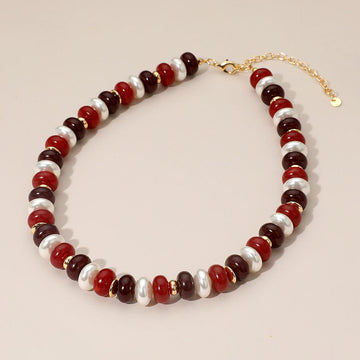 Madeline Love Burgundy, Gold Chunky Marbled Beads Pearl Beaded Statement Necklace - Necklaces