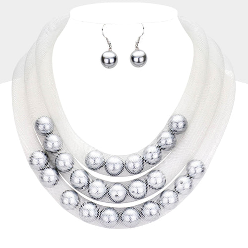 Triple Mesh Tube Pearl Collar Necklace - Gray, Silver