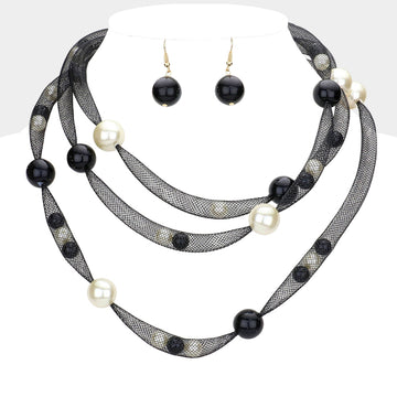 Madeline Love Black, Cream Pearl Accented Triple Layered Mesh Bib Necklace - Necklaces