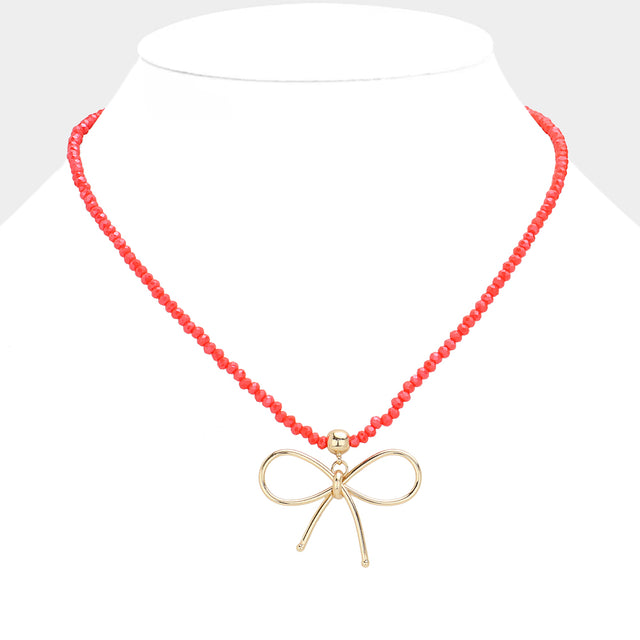 Madeline Love Red Faceted Beaded Brass Metal Wire Bow Pendant Necklace - Necklaces