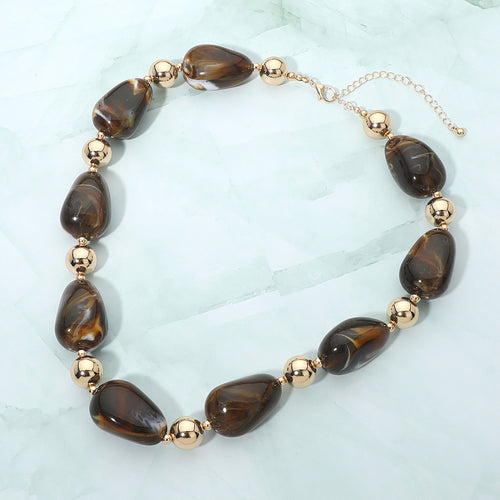Chunky Resin Marbled Pebble Beaded Necklace - BRW