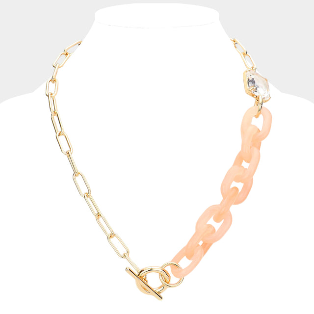 Madeline Love Peach Square Stone Open Oval Resin Link Toggle Necklace - Necklaces