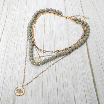 Madeline Love Gray Round Evil Eye Square Pendant Wooden Beaded Multi Layered Necklace - Necklaces