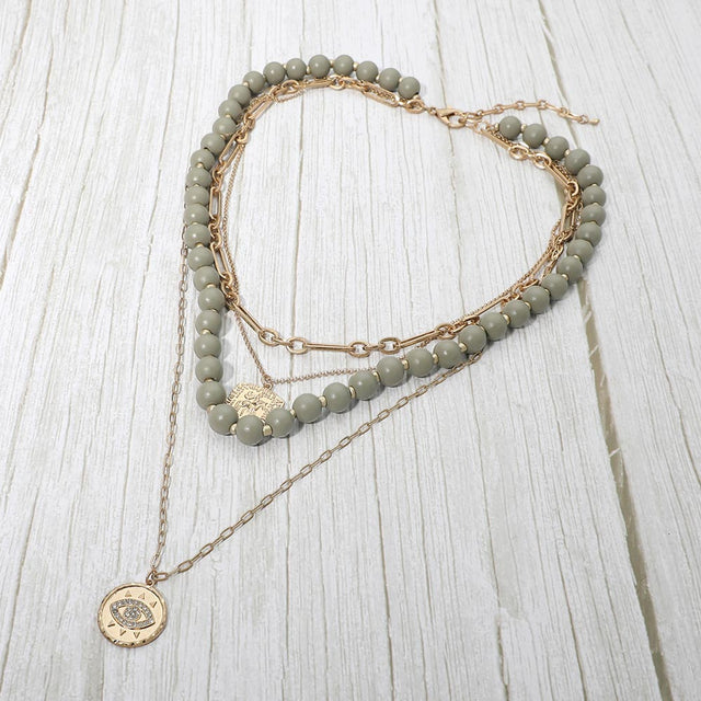 Madeline Love Gray Round Evil Eye Square Pendant Wooden Beaded Multi Layered Necklace - Necklaces