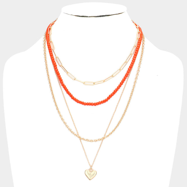 Metal Heart Pendant Multi Layered Necklace - Coral - Necklaces