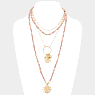 Madeline Love Pink Double Horn Evil Eye Centered Pendant Wood Beaded Multi Layered Necklace - Necklaces
