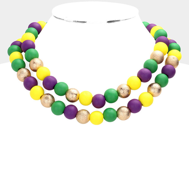 Multi Mardi Gras Brass Metal Wood Ball Double Layered Necklace