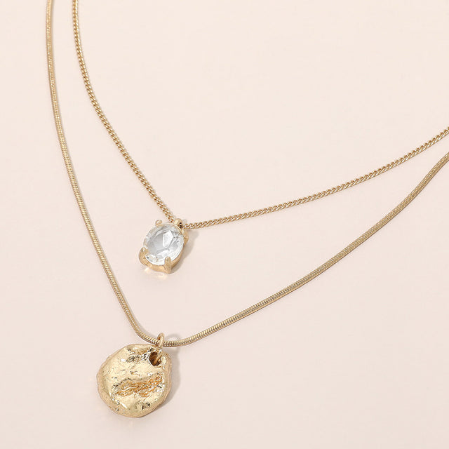Madeline Love Worn Gold FAceted Gem Hammered Disc Pendant Layered Necklace
