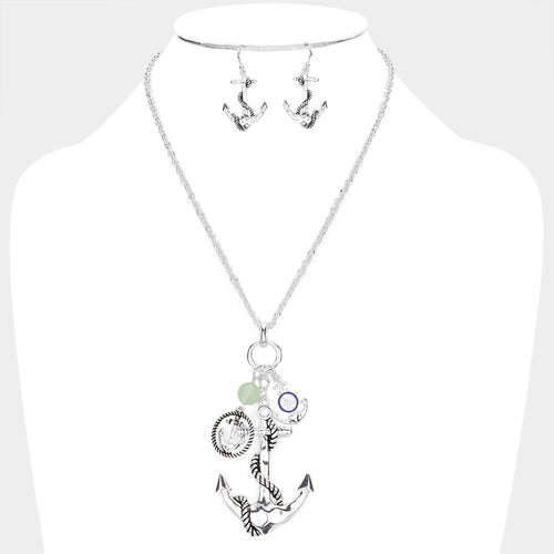 Enamel Ship Heel Detailed Metal Anchor Pendant Necklace - Antique Silver