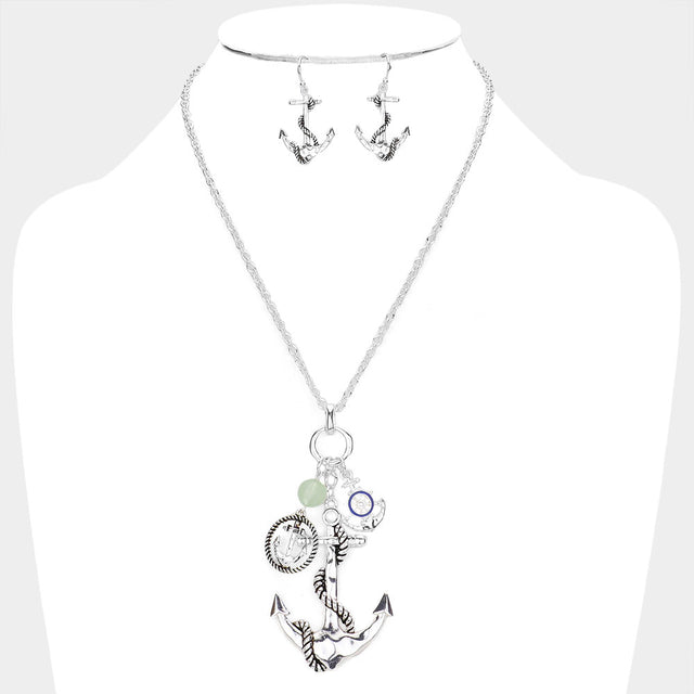 Antique Silver Enamel Ship Heel Detailed Metal Anchor Pendant Necklace