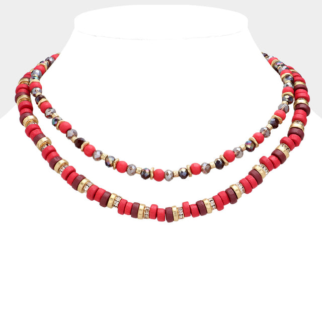 Madeline Love Red Wood Faceted Beaded Layered Necklace - Necklaces