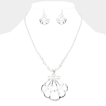 Madeline Love Silver Stone Embellished Cut Out Metal Shell Pendant Necklace - Necklaces