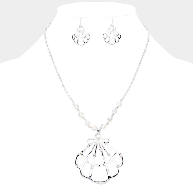 Madeline Love Silver Stone Embellished Cut Out Metal Shell Pendant Necklace - Necklaces
