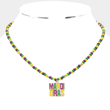 Multi Mardi Gras Message Pendant Wood Ball Necklace