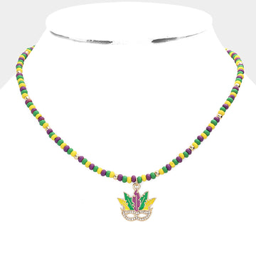 Multi Mardi Gras Mask Pendant Wood Ball Necklace