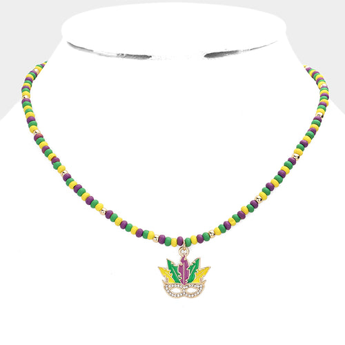 Mardi Gras Mask Pendant Wood Ball Necklace - Multi