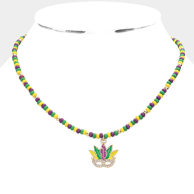 Multi Mardi Gras Mask Pendant Wood Ball Necklace