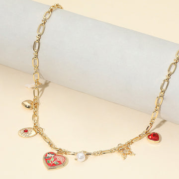Madeline Love Burgundy, Gold Butterfly Flower Enamel Detailed Heart Pendant Charm Station Necklace - Necklaces