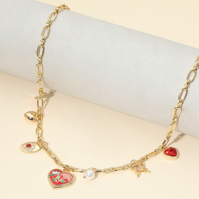 Madeline Love Burgundy, Gold Butterfly Flower Enamel Detailed Heart Pendant Charm Station Necklace - Necklaces