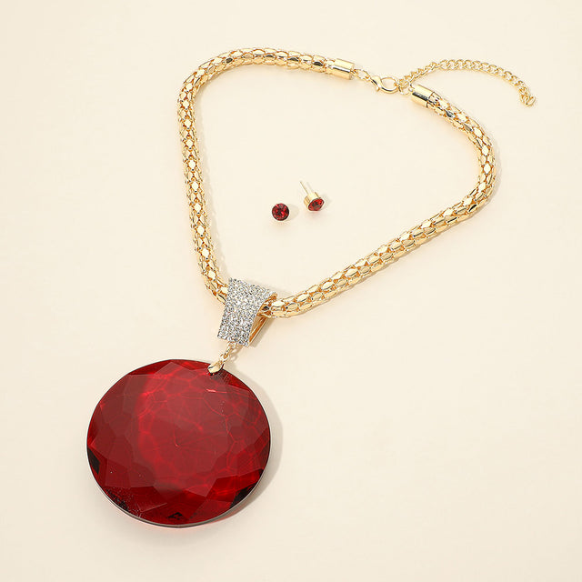 Madeline Love Burgundy, Gold Oversized Round Glass Stone Pendant Pointed Necklace