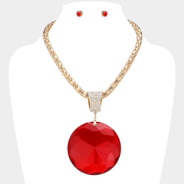Madeline Love Gold, Siam Oversized Round Glass Stone Pendant Pointed Necklace - Necklaces