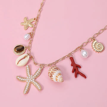 Madeline Love Cream, Gold Pearl Starfish Shell Pearl Charm Station Necklace - Necklaces