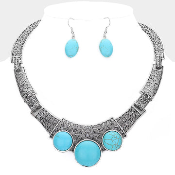 Madeline Love Silver Burnished, Turquoise Antique Metal Natural Stone Accented Filigree Collar Necklace - Necklaces
