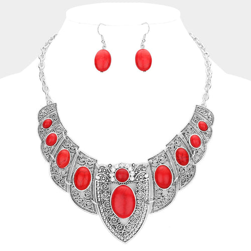 Antique Metal Natural Stone Embellished Necklace - Red, Silver Burnished